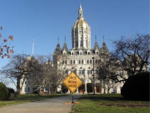 Connecticut State Capitol with Tree Work sign